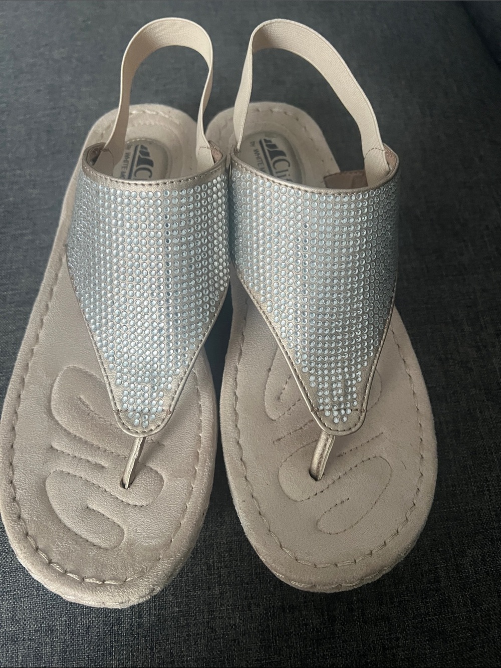 Cliffs by WHITE MOUNTAIN Silver Rhinestone Thong Sandals - Beige Footbed